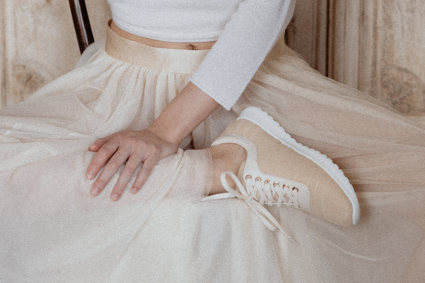 Blush and Beige Bespoke Luxury Couture Trainers in Italian Tulle