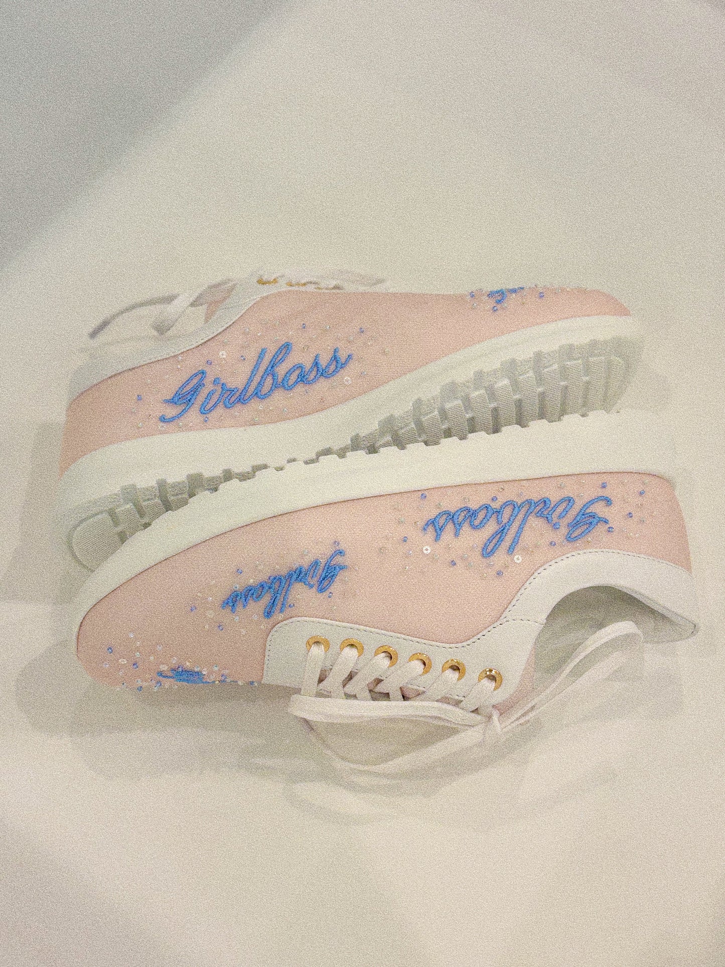 Limited edition feminine luxury trainer hand-sewn sequins embroidered Italian mesh pink blush sneaker