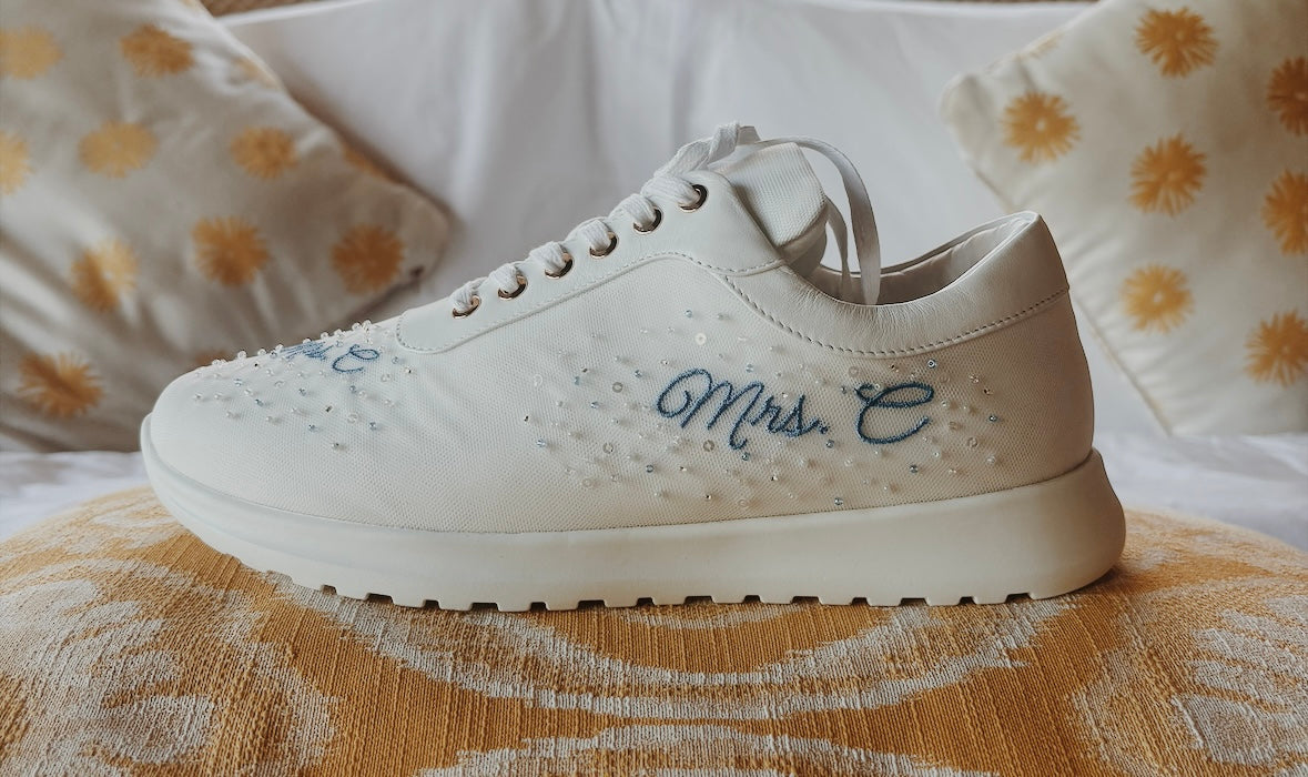 Handcrafted ‘Something Blue’ bridal sneakers with Italian tulle and custom embroidery