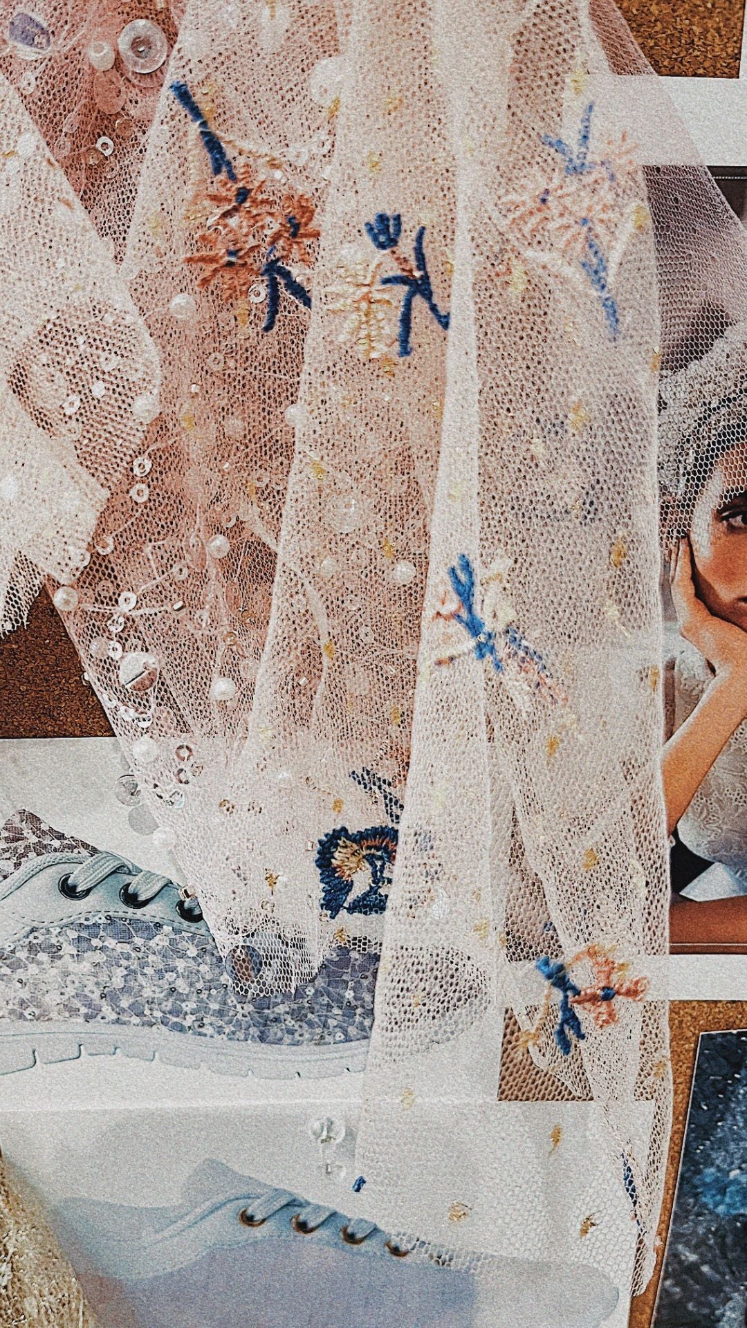 Close-up of a lace garment with floral embroidery and a blurred background